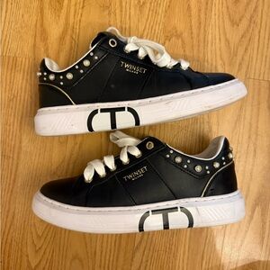 Twinset Milano Black Leather Platform Sneakers Pearl Studded
